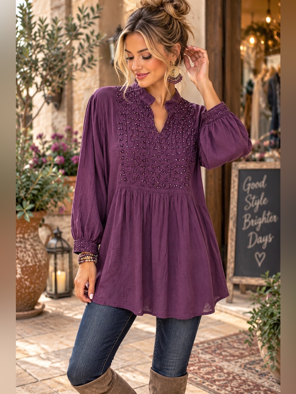GreaterGood L Purple Embroidered Beaded Cotton Boho Tunic Blouse India